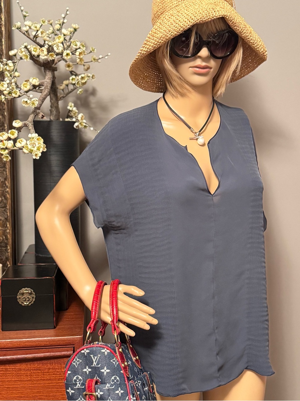Vince Slate Blue Split-Neck Short Sleeve Tunic